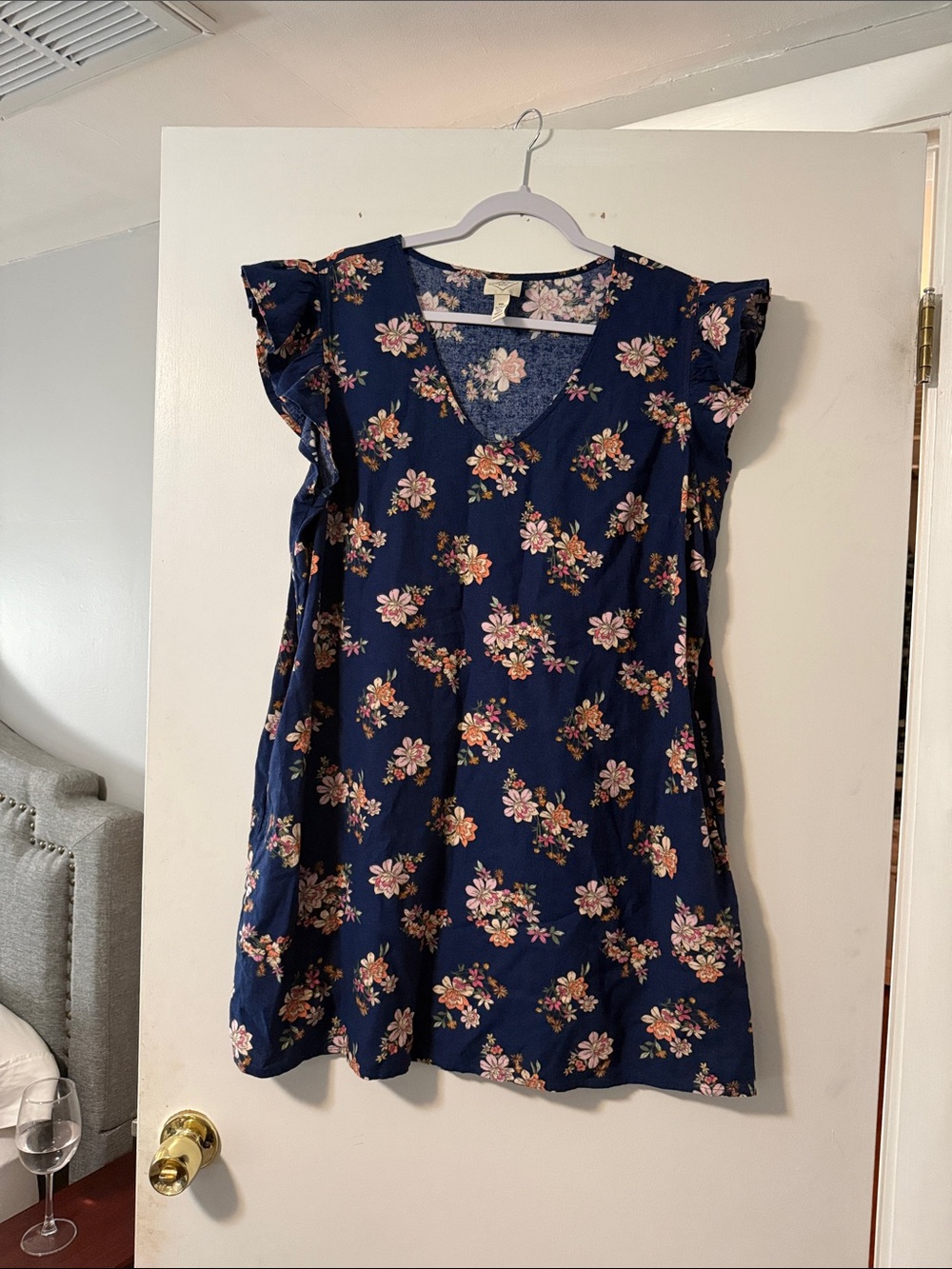 St. John's Bay Floral V-Neck Flutter Sleeve Dress - Navy - PXL